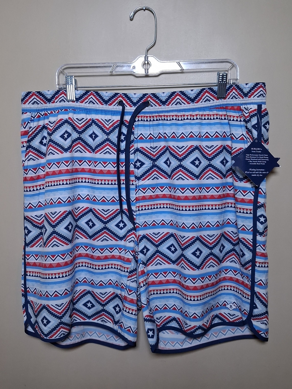 Burlebo Men’s NWT Patriotic Aztec Swim Trunks; Size XXL; Lined